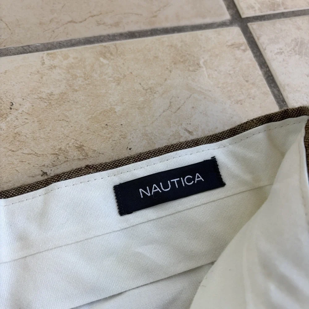 Nautica Pants Mens 38x30 Tan Brown Wool Tweed Pleated Cuffed Dress Trouser Retro